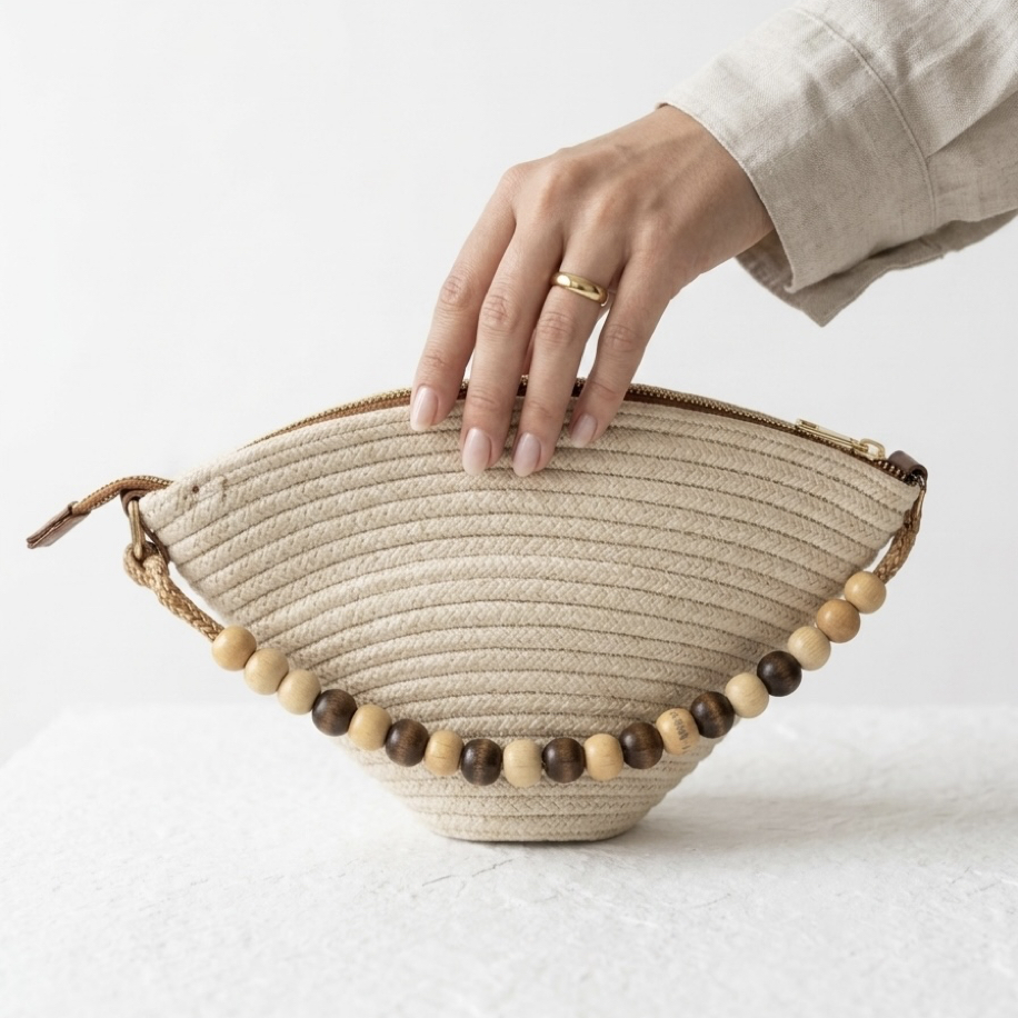Boncuk Detaylı Krem Hasır Clutch Kadın Yazlık Çanta
