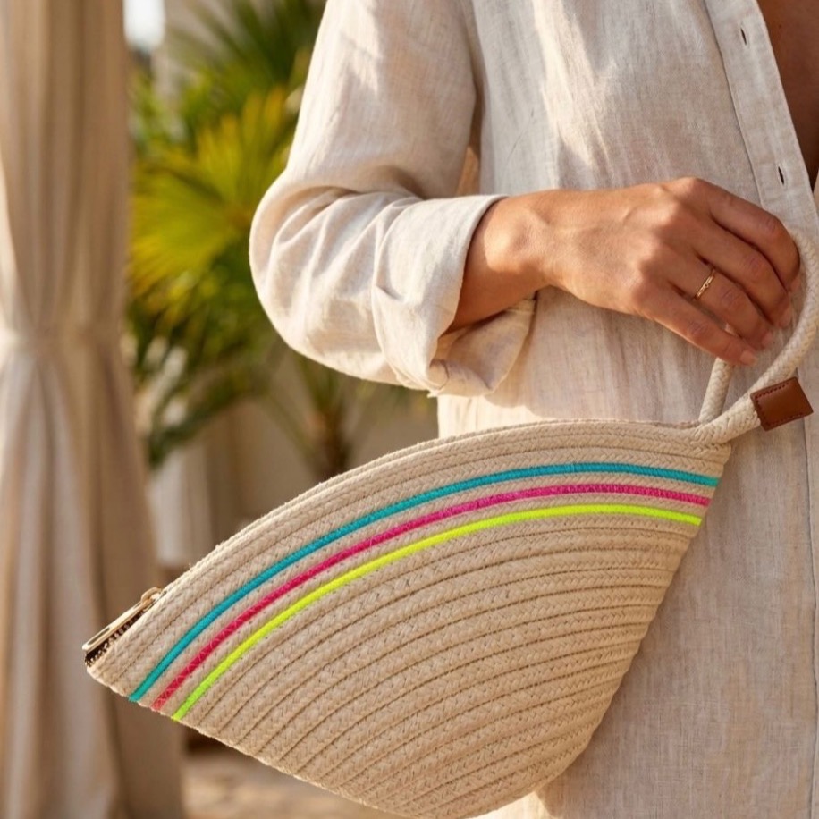 Handmade Renk Şerit Detaylı Krem Hasır Clutch El ve Makyaj Çantası