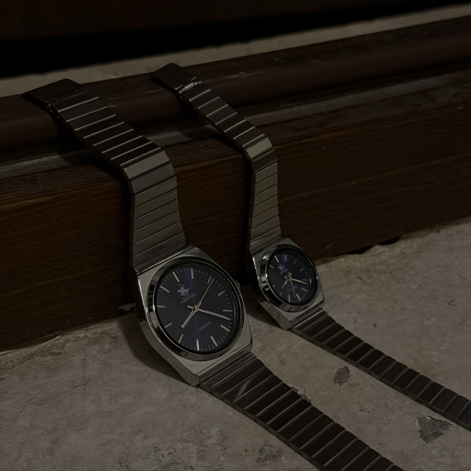 Silver&Blue Quartz Couple Watch – Unisex Paslanmaz Çelik Saat Seti