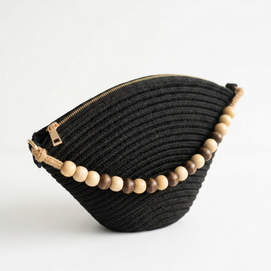 Boncuk Detaylı Siyah Hasır Clutch Kadın Yazlık Çanta