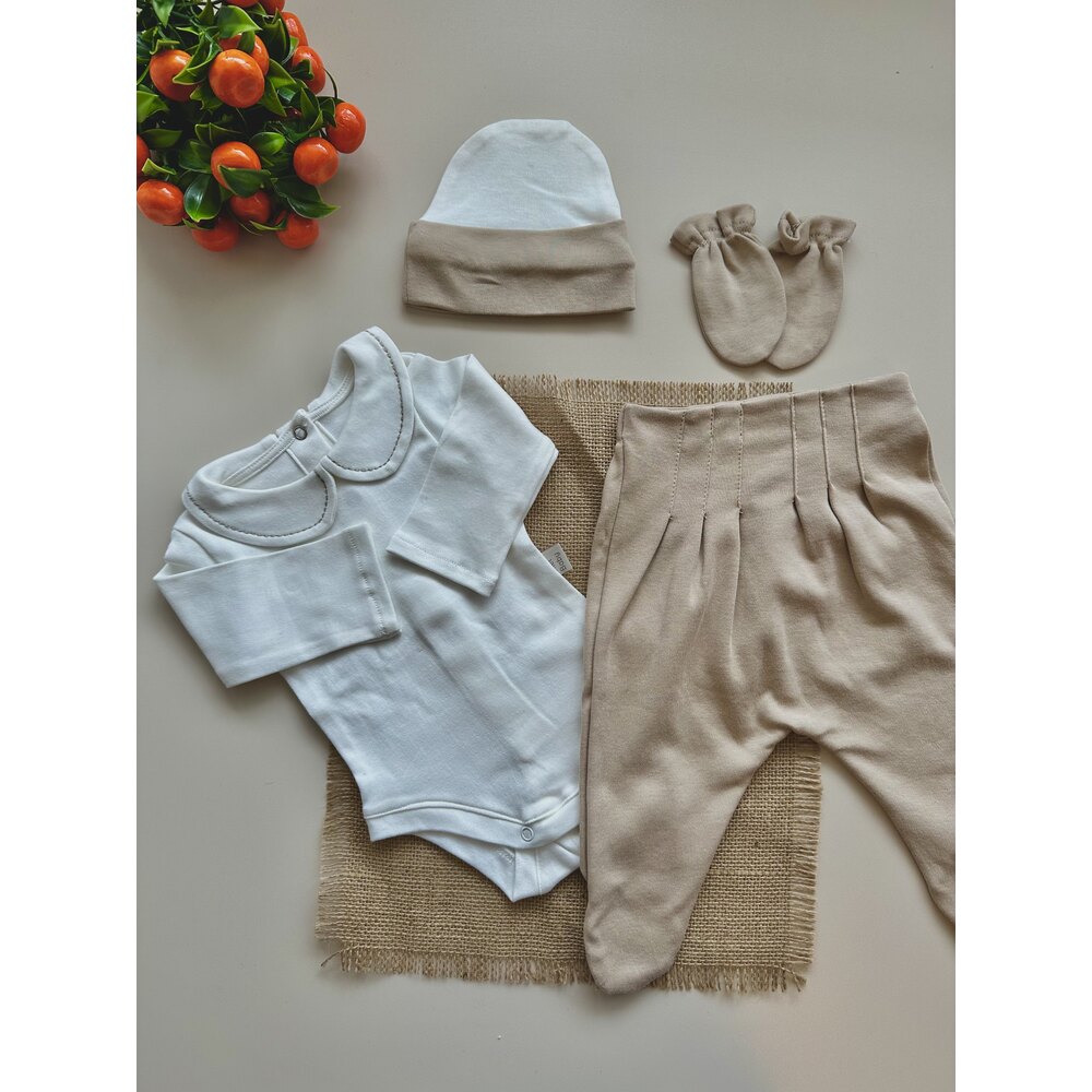 Sütlü Kahve 4 Parça Hastane Çıkışı Set (Body, Pantolon, Bere ve Eldiven)