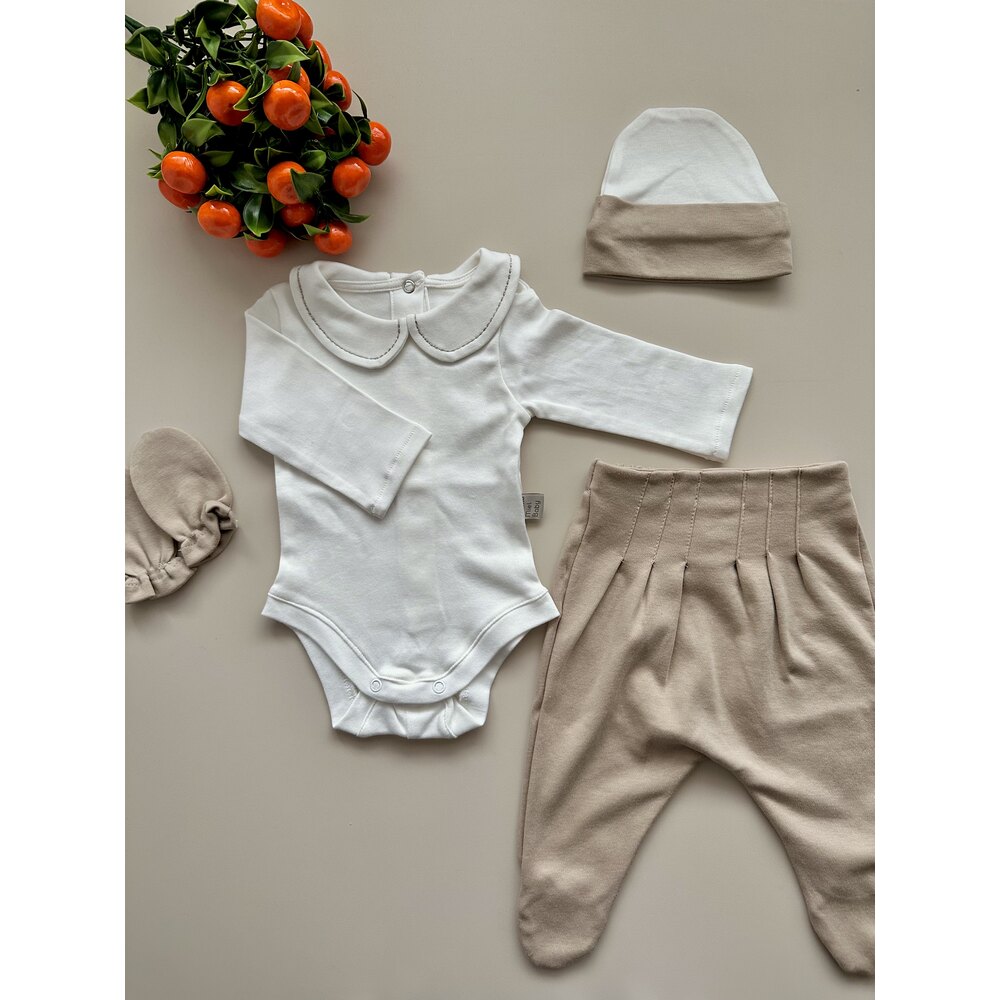 Sütlü Kahve 4 Parça Hastane Çıkışı Set (Body, Pantolon, Bere ve Eldiven)