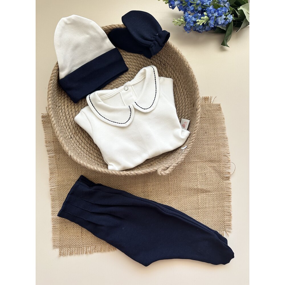 Lacivert 4 Parça Hastane Çıkışı Set (Body, Pantolon, Bere ve Eldiven)