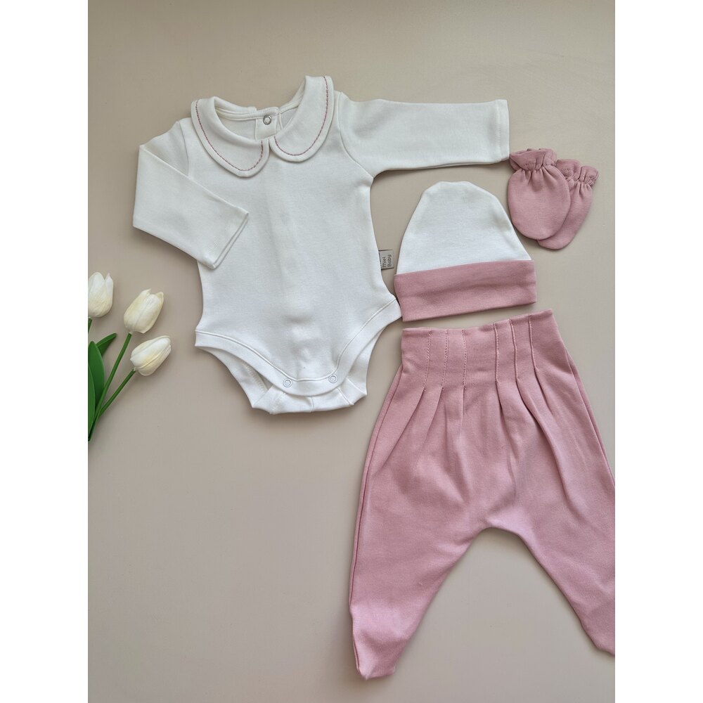 Gül Kurusu 4 Parça Hastane Çıkışı Set (Body, Pantolon, Bere ve Eldiven)