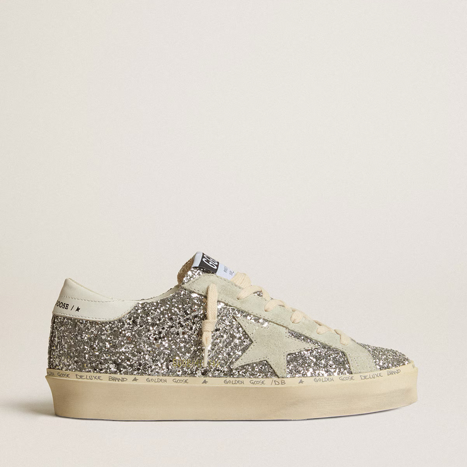 Golden goose Hi Star in silver glitter with suede star and white heel tab
