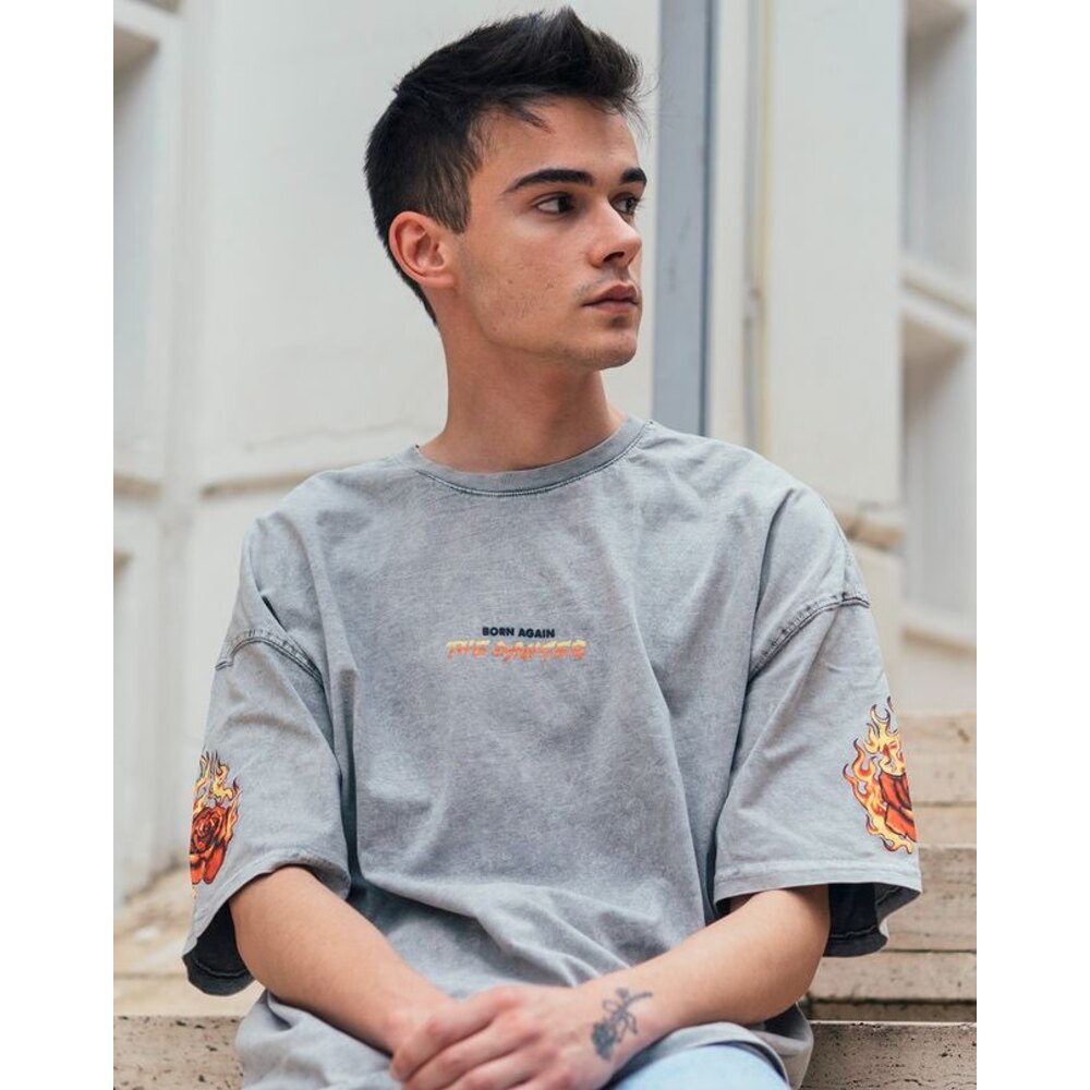 Oversize Born Again Baskılı T-Shirt Gri