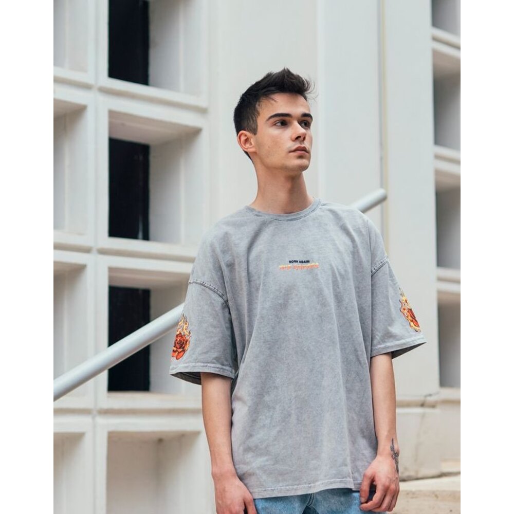 Oversize Born Again Baskılı T-Shirt Gri