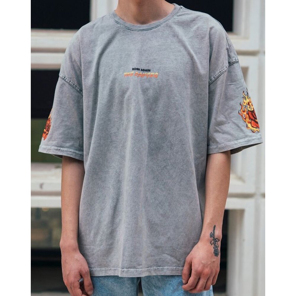 Oversize Born Again Baskılı T-Shirt Gri