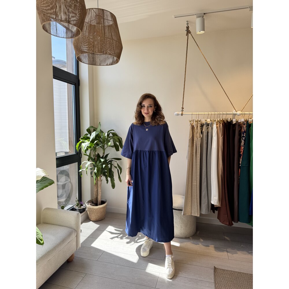 Oversize Poplin Penye Elbise (İndigo)