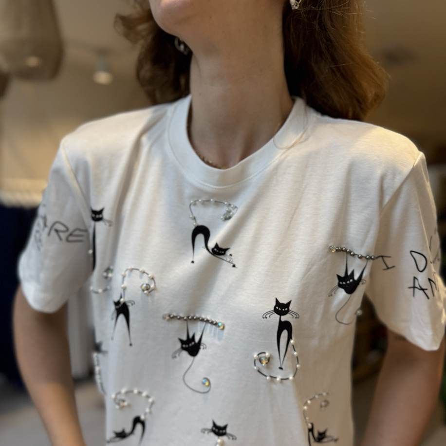 İpekyl Taşlı Kedili Tshirt (BEYAZ)