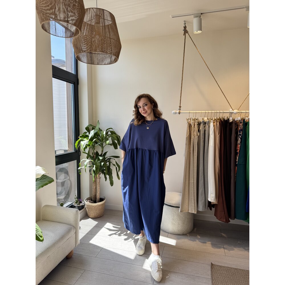 Oversize Poplin Penye Elbise (İndigo)