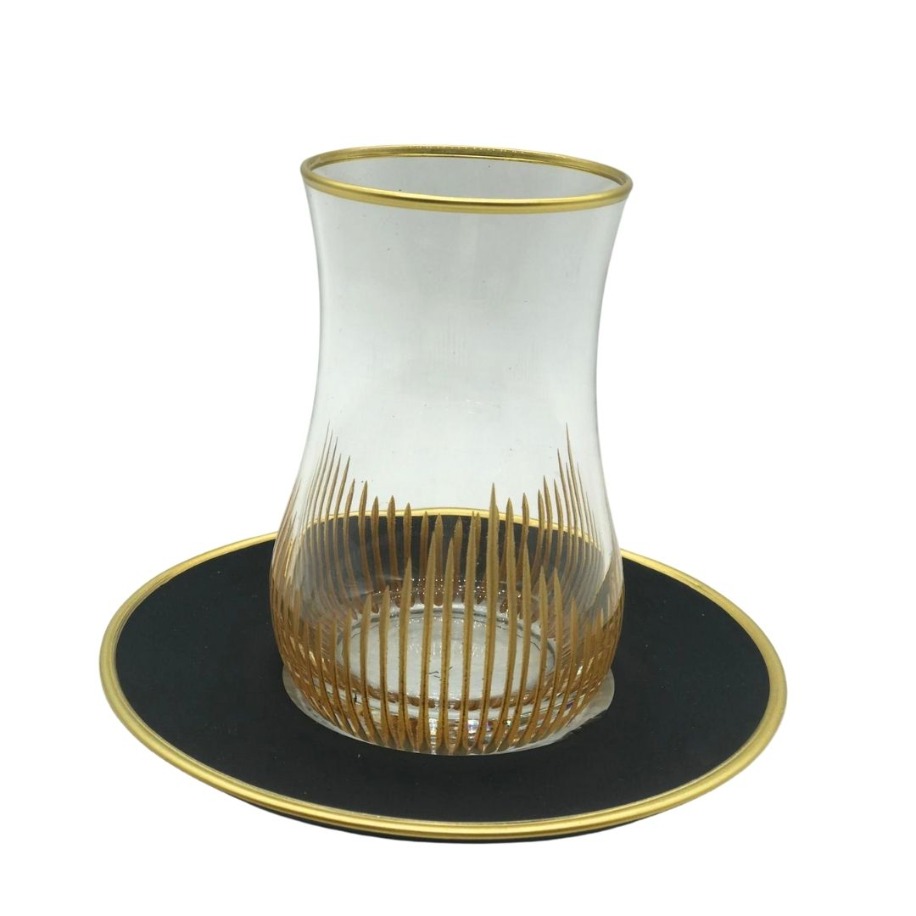 Altın Işın Desenli Siyah 6 Kişilik Çay Bardağı Seti