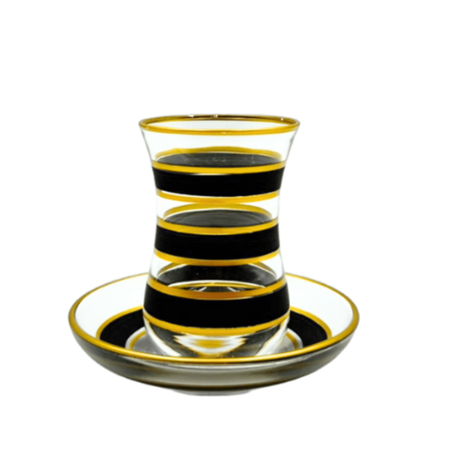 3 Şerit Detaylı 6 Kişilik Çay Bardağı Seti Siyah
