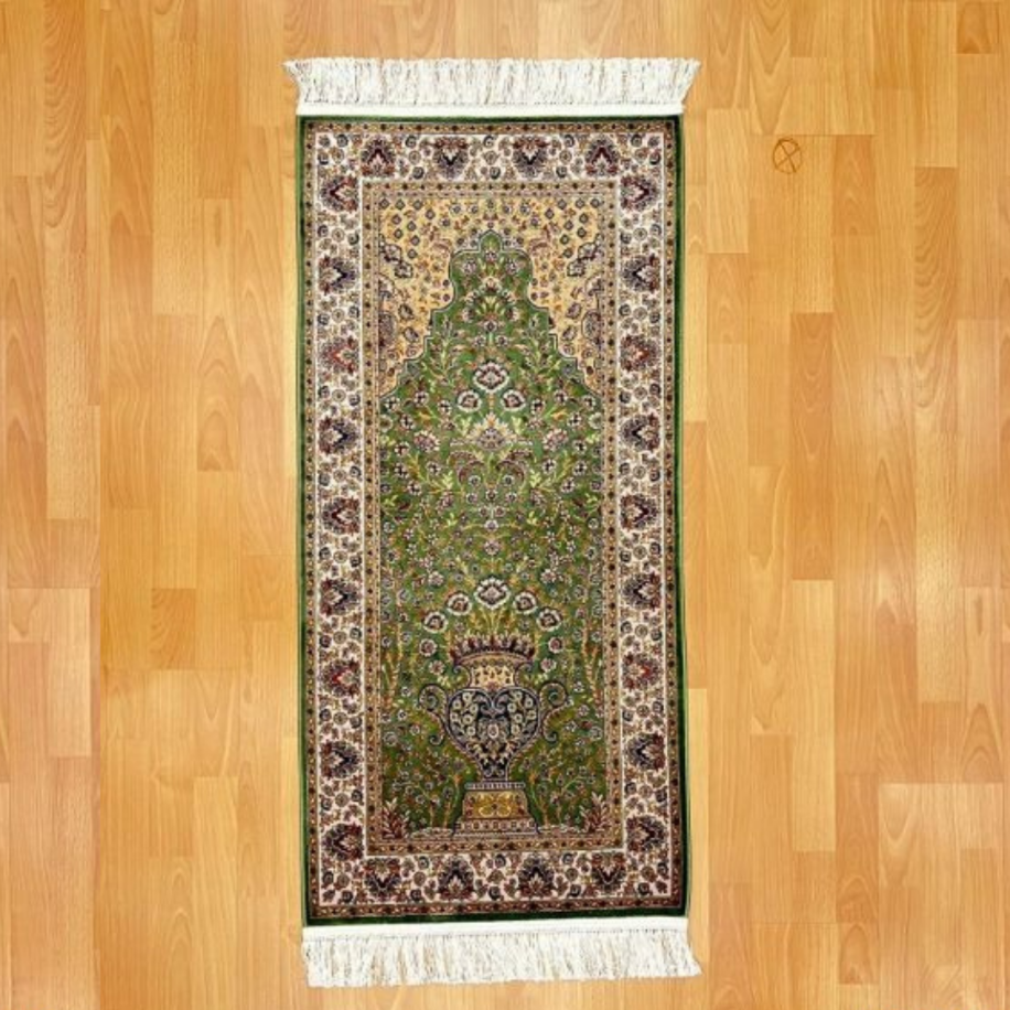 Mihrâb-ı Gülzâr Motifli 60x120 CM İpek Seccade Yeşil