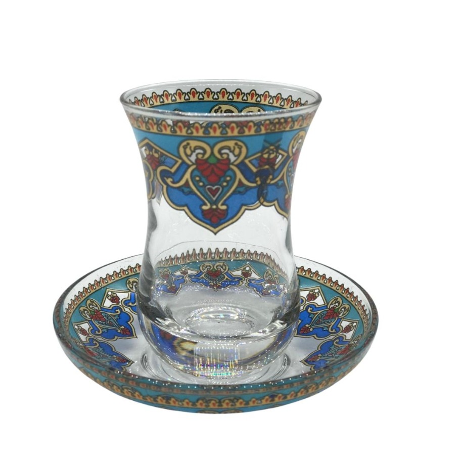 Turkuaz İşlemeli 6 Kişilik Çay Bardağı Seti