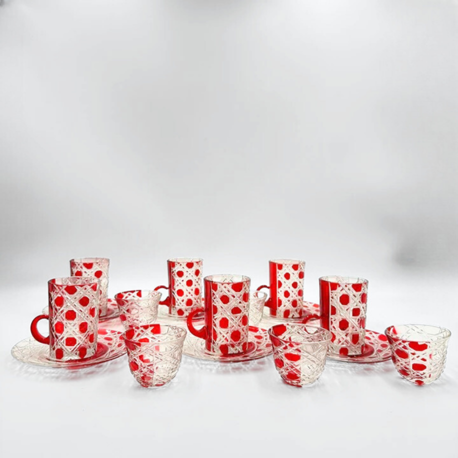 Premium Kristal Türk Çay Bardağı- Kahve Bardağı Seti 18 Parça Kırmızı 