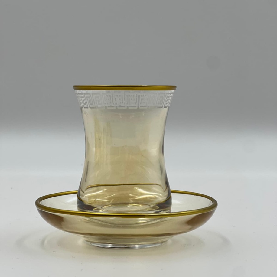 Yunan Desenli Altınlı Kehribar 6 Kişilik Çay Bardağı Seti