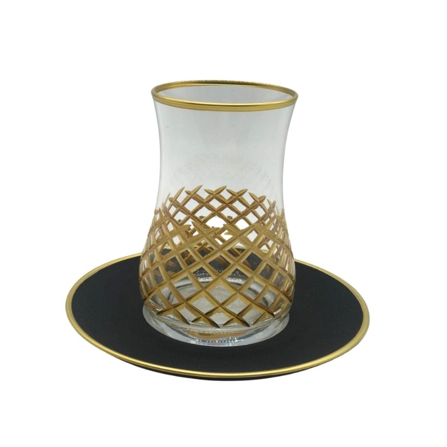 Diamond Grid Altın Desenli Siyah  6 Kişilik Çay Bardağı Seti