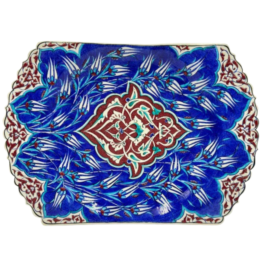 Dikdörtgen İznik Lale Motifli El Yapımı Çini Tepsi