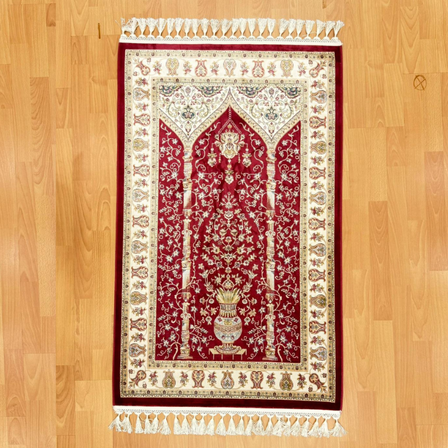  Mihraplı Ağaç Hayatı Desenli İpek Seccade Kırmızı Bej