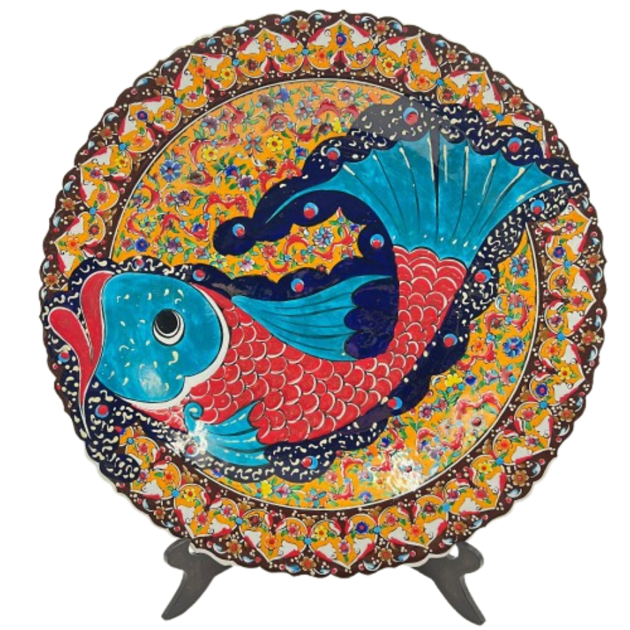 El Yapımı Balıklı ve Çiçekli Dekoratif Çini Tabak