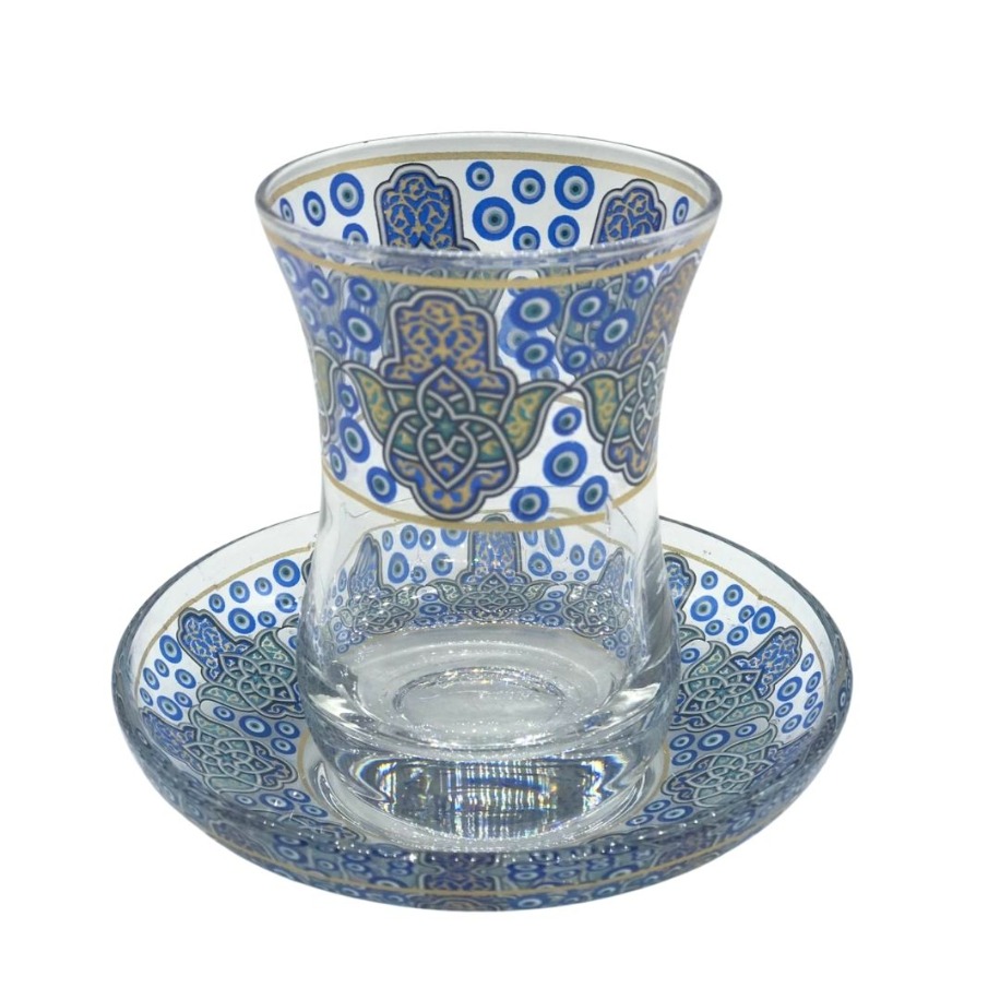 Etnik Mavi Desenli 6 Kişilik Çay Bardağı Seti