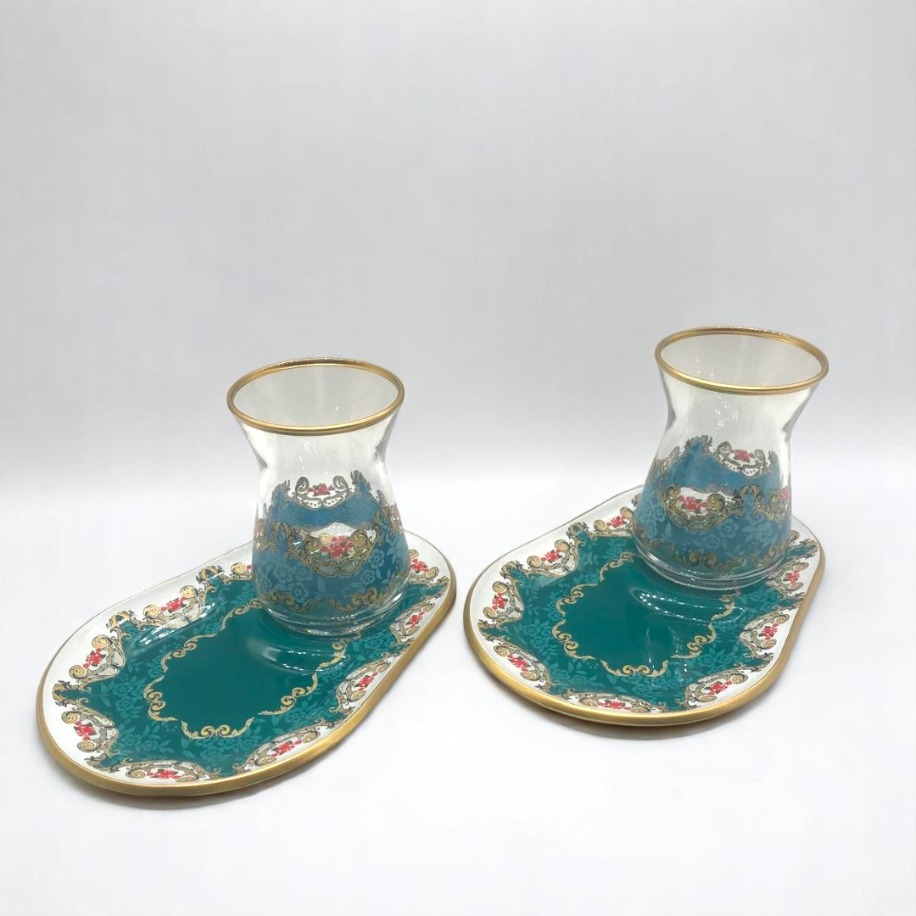 Altın Varaklı Çiçekli Yeşil 2 Kişilik Sunum Çay Seti 