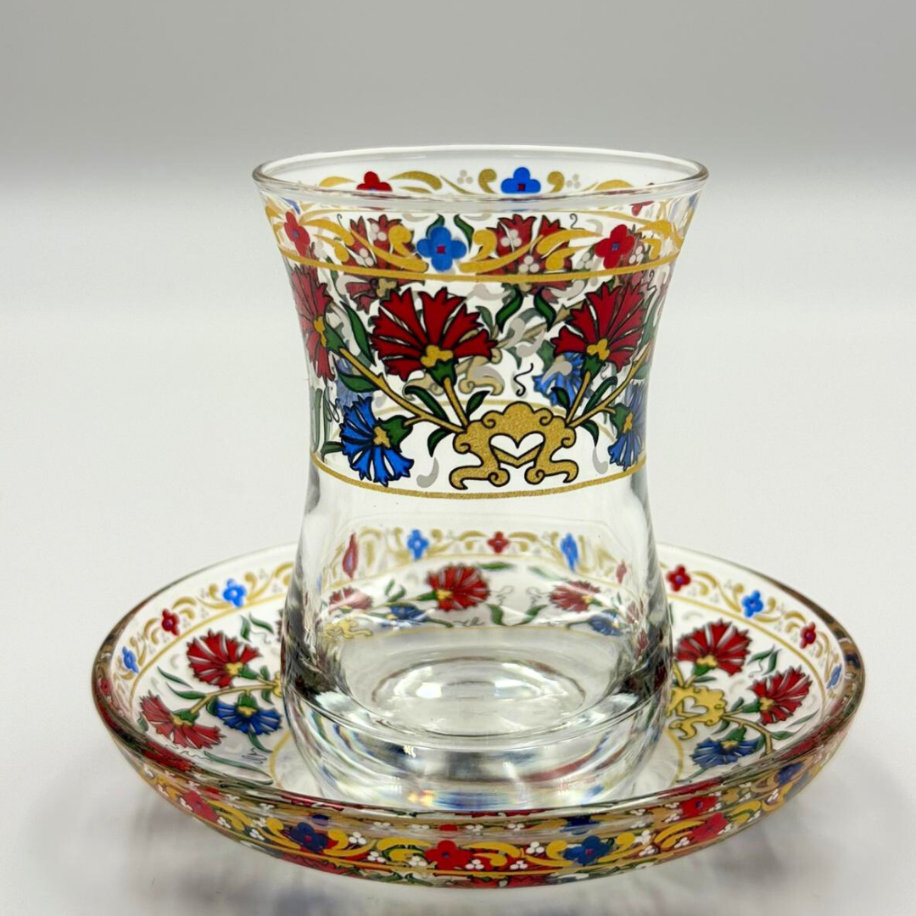 Floral Desenli İznik Çini Motifli 6 Kişilik Çay Bardağı Seti