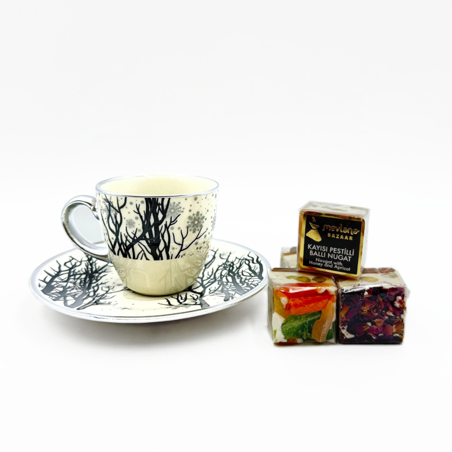 Hayat Ağacı Desenli 6 Kişilik Kahve Fincan Takımı Gümüş