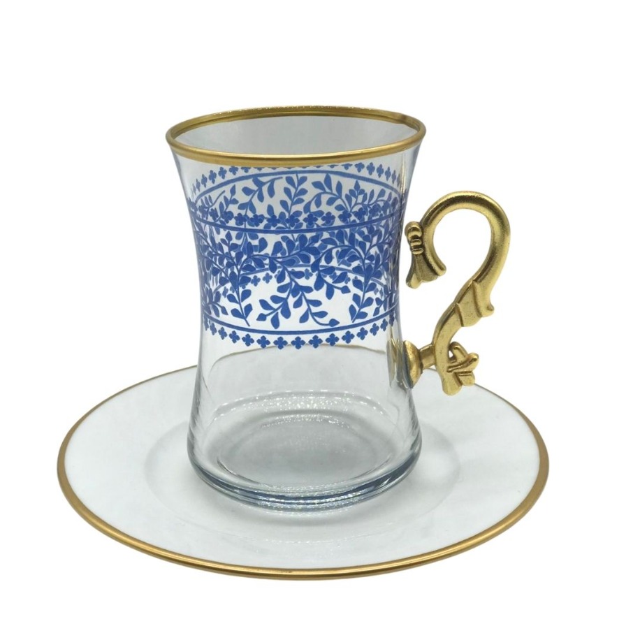 Altın Kulplu Mavi Yaprak Desenli 6 Kişilik Çay Bardağı Seti