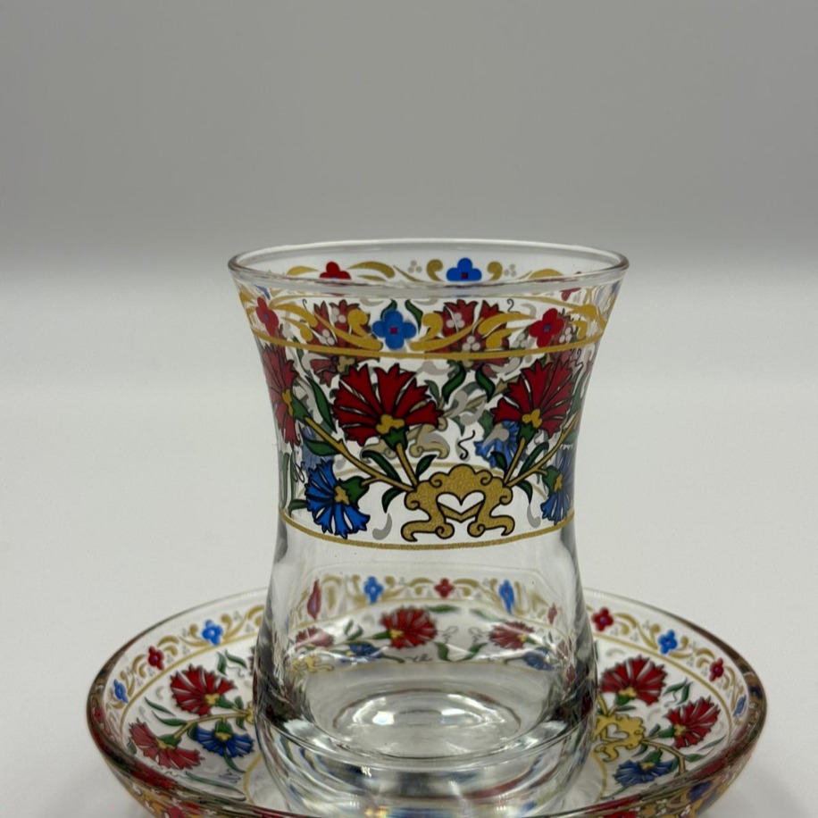 Çok Renkli Osmanlı Çiçek Desenli 6 Kişilik Çay Bardağı Seti 