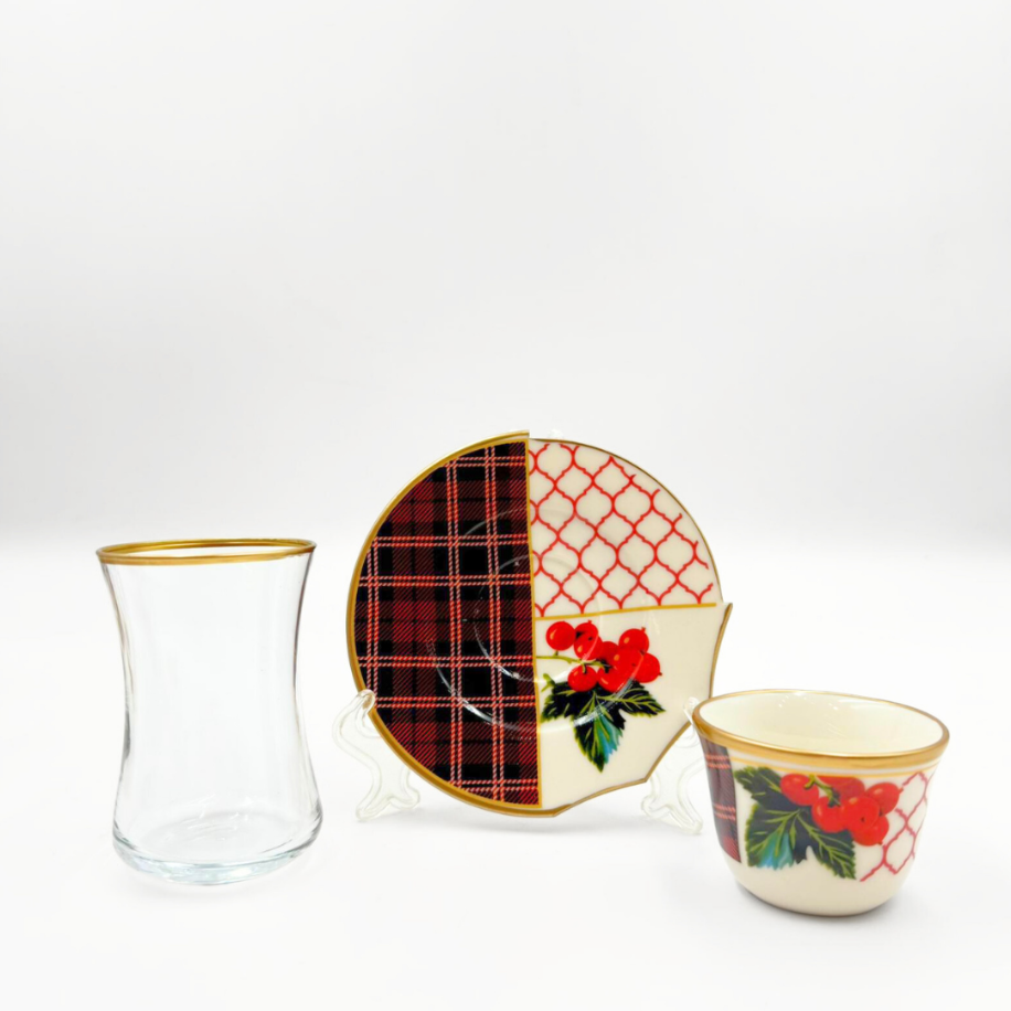 Kokina Desenli Çay Bardağı- Kahve Bardağı Seti 18 Parça