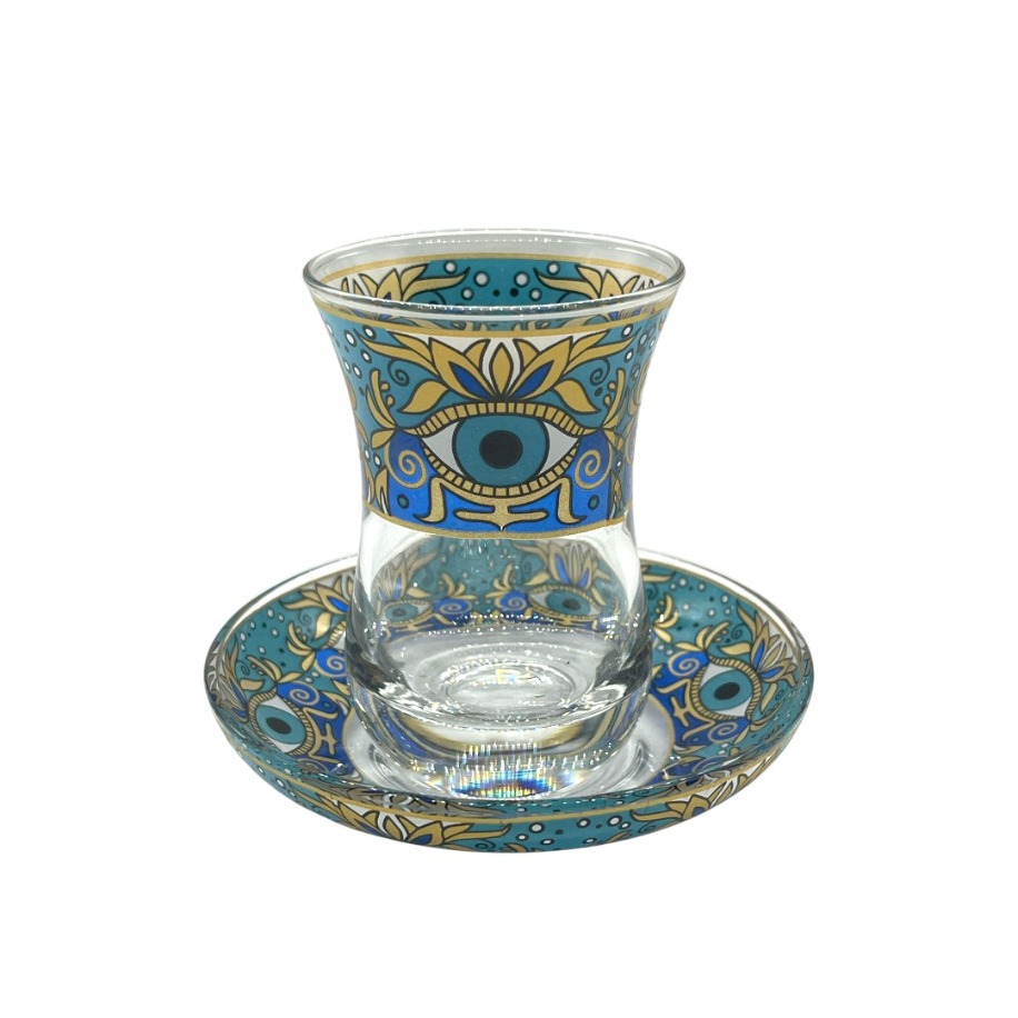 Altın Çizgili Evil Eye Temalı 6 Kişilik Çay Bardağı Seti