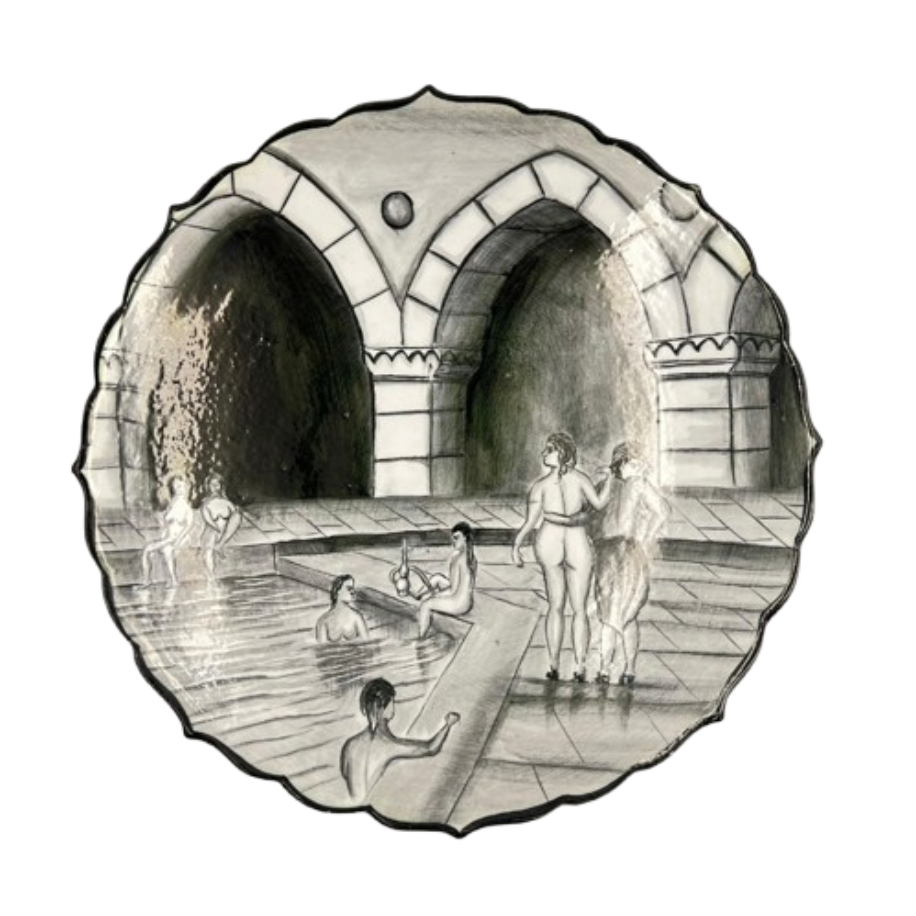 Dekoratif Seramik Hamam Motifli Siyah Beyaz Tabak