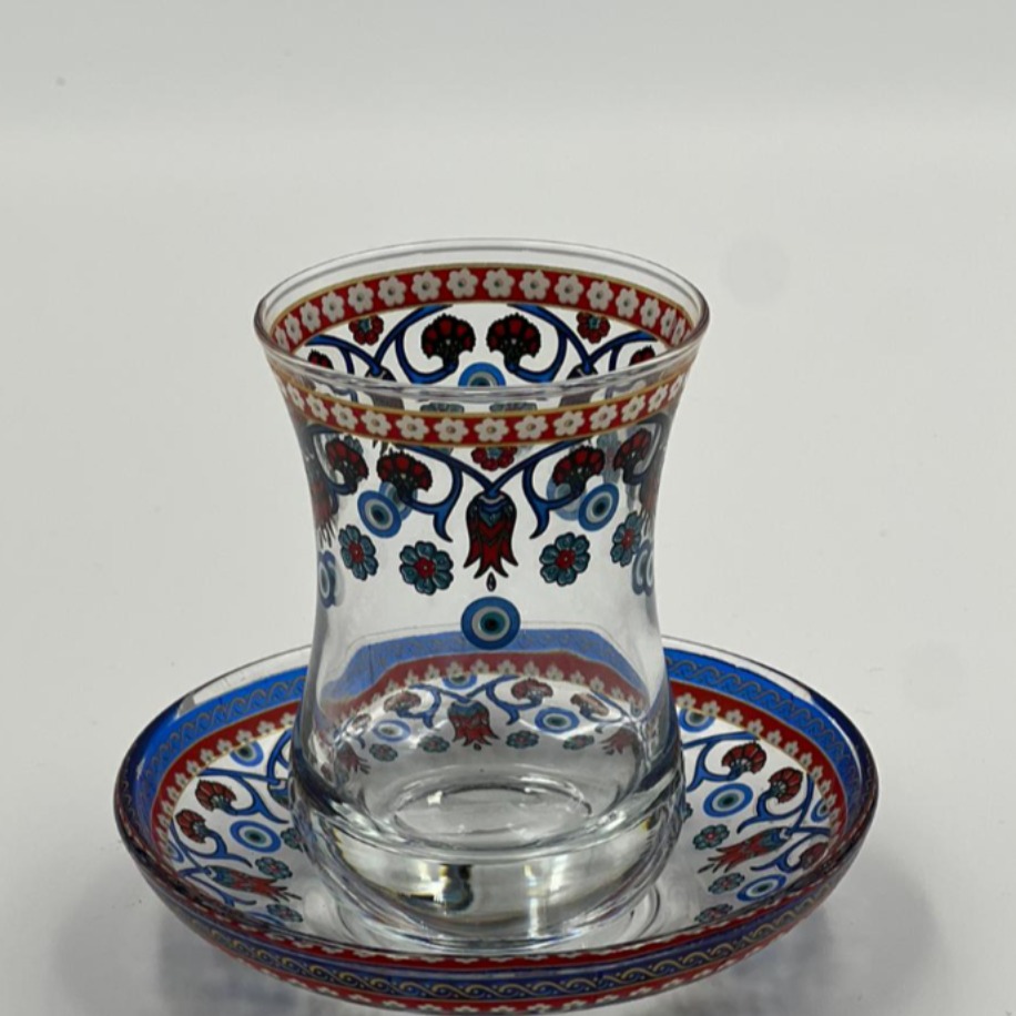 Kırmızı Mavi Çini İşlemeli İnce Belli 6 Kişilik Çay Bardağı Seti