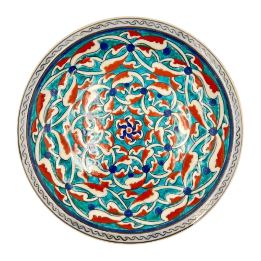 Dekoratif Seramik Turkuaz ve Kırmızı Lale Motifli El Yapımı Çini Tabak
