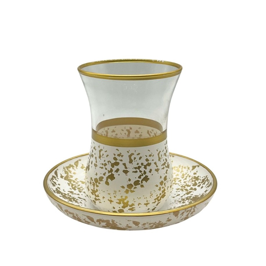 Lüks Altın Sıçramalı Beyaz 6 Kişilik Çay Bardağı Seti