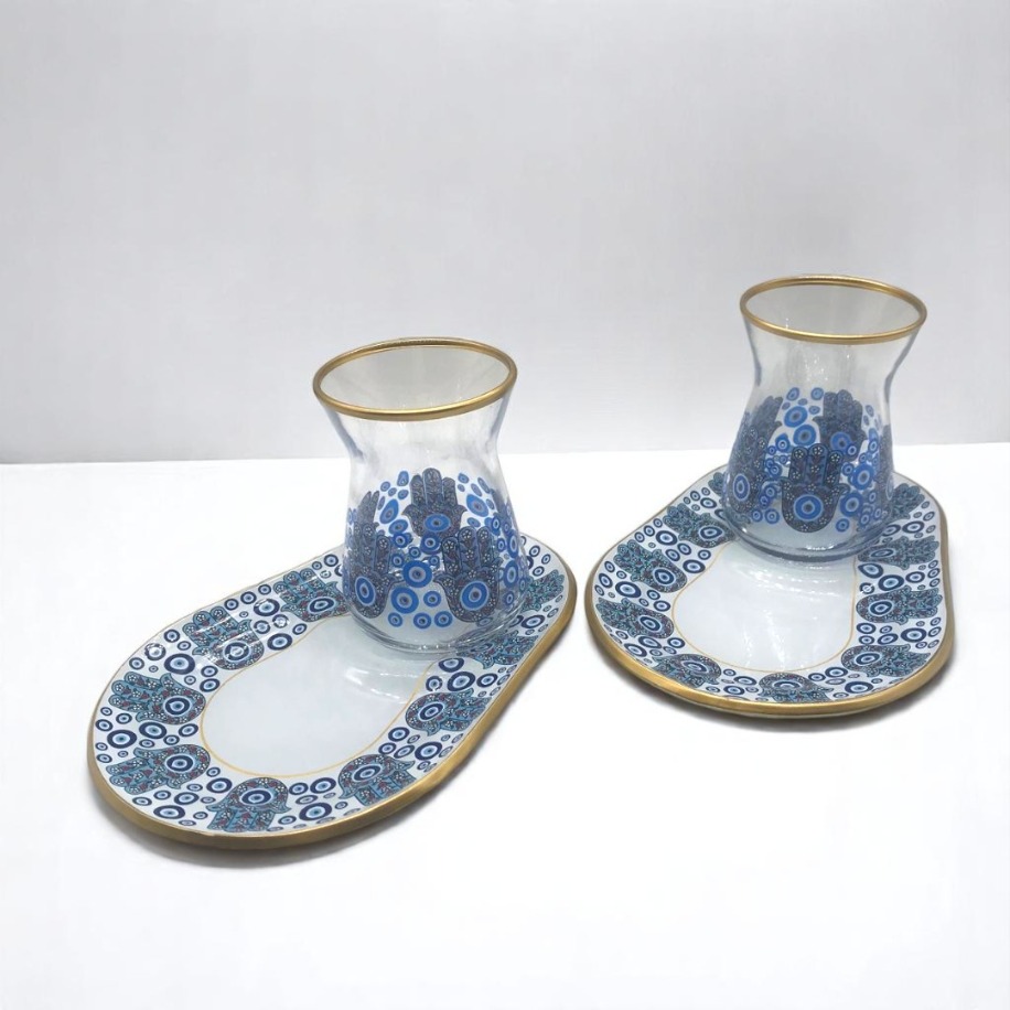 Altın Yaldızlı Nazarlı 2 Kişilik Sunum Çay Seti 