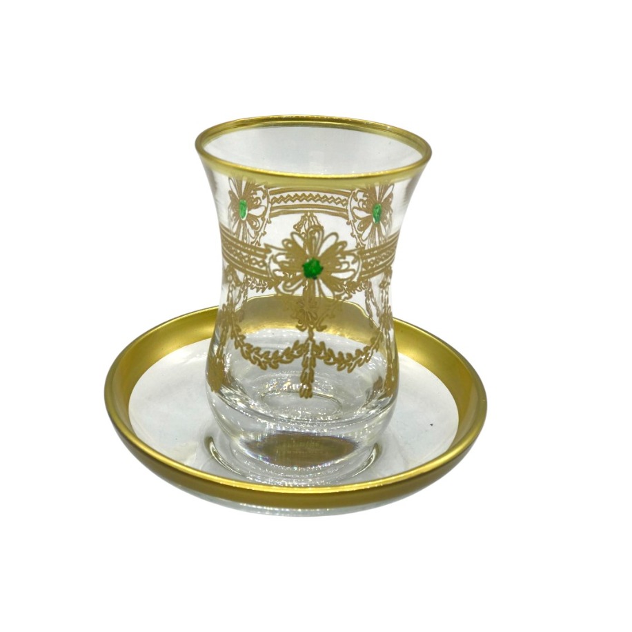 Yeşil Taşlı Altın Desenli Zarif Türk 6 Kişilik Çay Bardağı Seti