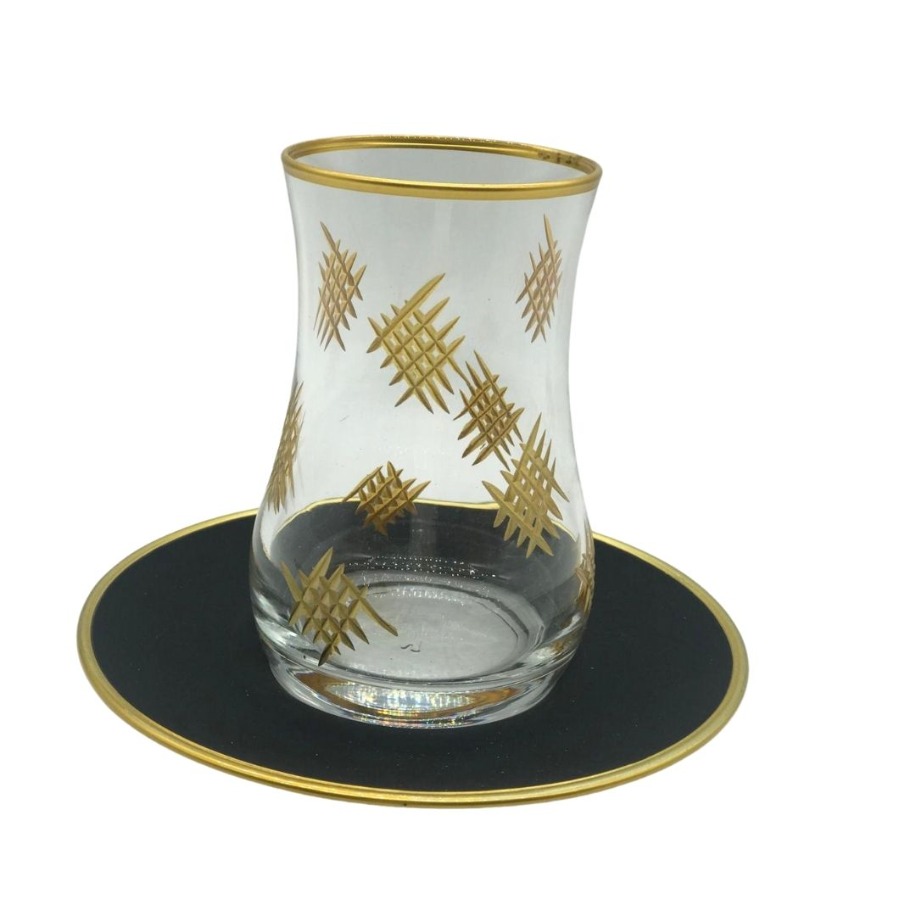 Altın Çarpraz Desenli Siyah 6 Kişilik Çay Bardağı Seti