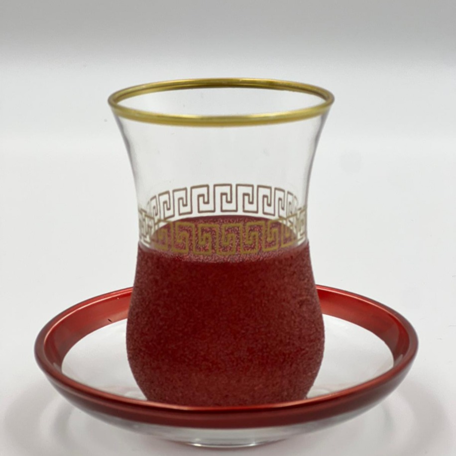 Altın Geometrik Desenli 6 Kişilik Çay Bardağı Seti Kırmızı