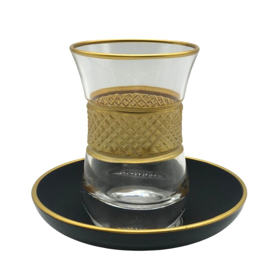 Lüks Hasır Desenli Siyah 6 Kişilik Çay Bardağı Seti