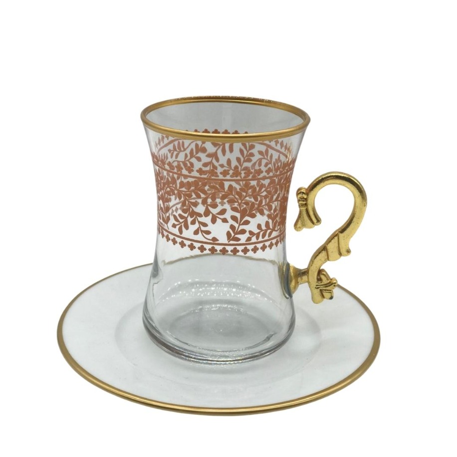 Altın Kulplu Bakır Yaprak Desenli 6 Kişilik Çay Bardağı Seti