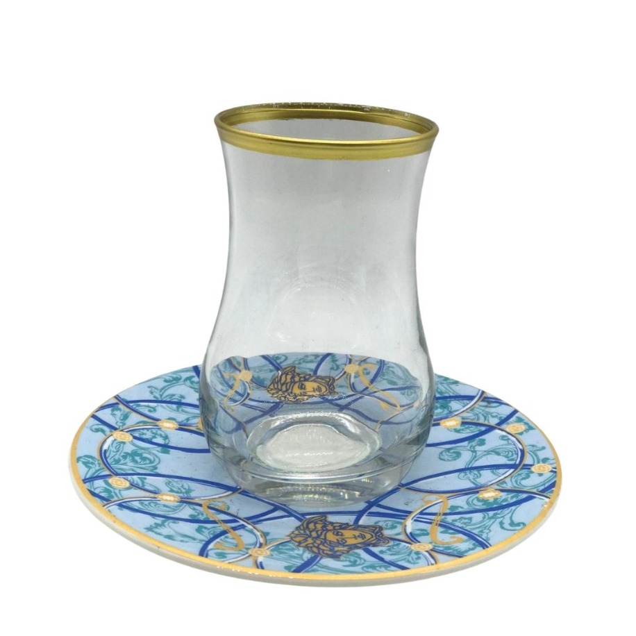 Royal Blue ve Altın İşlemeli 6 Kişilik Çay Bardağı Seti