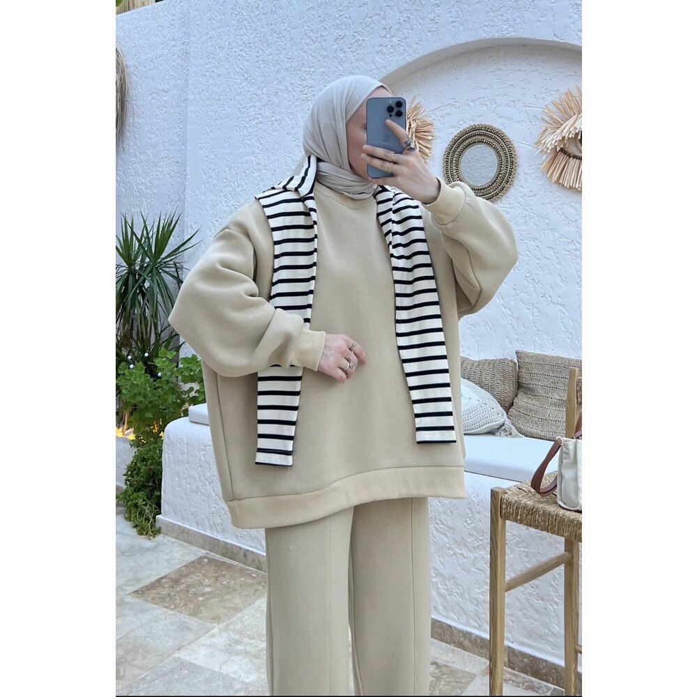 Lora Oversize Üç İplik Takım Bej