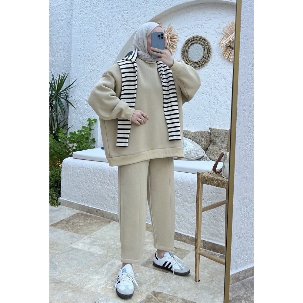 Lora Oversize Üç İplik Takım Bej