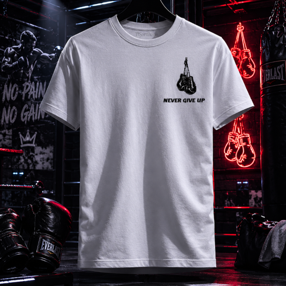 Never Give Up Baskılı Slim Fit Beyaz Erkek Tişört