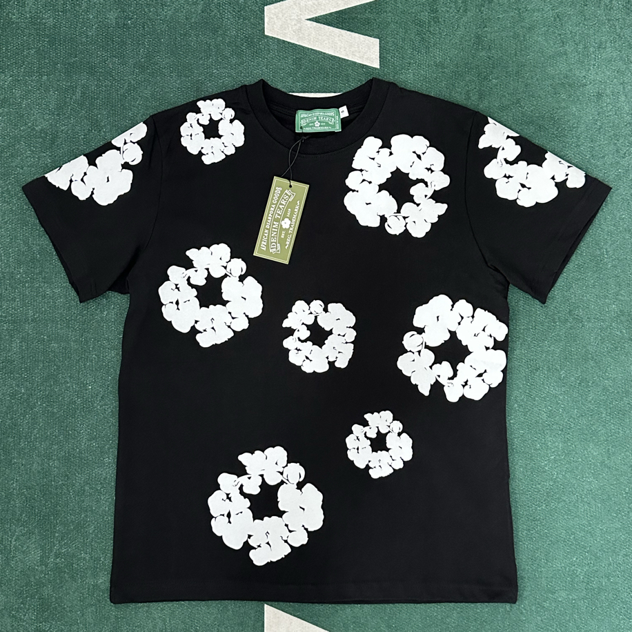T-shirt Noir Denim Tears Sans Manches Brodé Fleurs - Taille XL - Flanelle Coton - Neuf Avec étiquettes