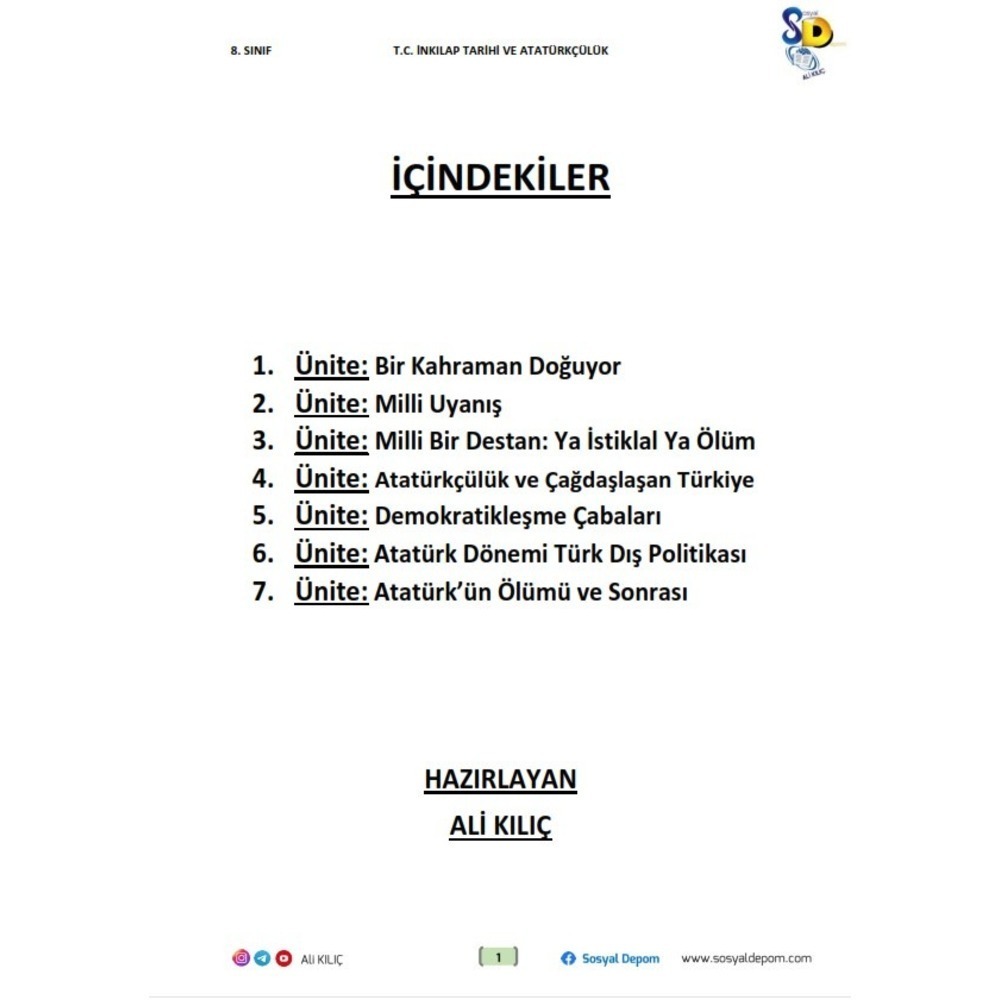 8.Sınıf T.C. İnkılap Tarihi ve Atatürkçülük Ders Notu ve 13 Branş Denemesi