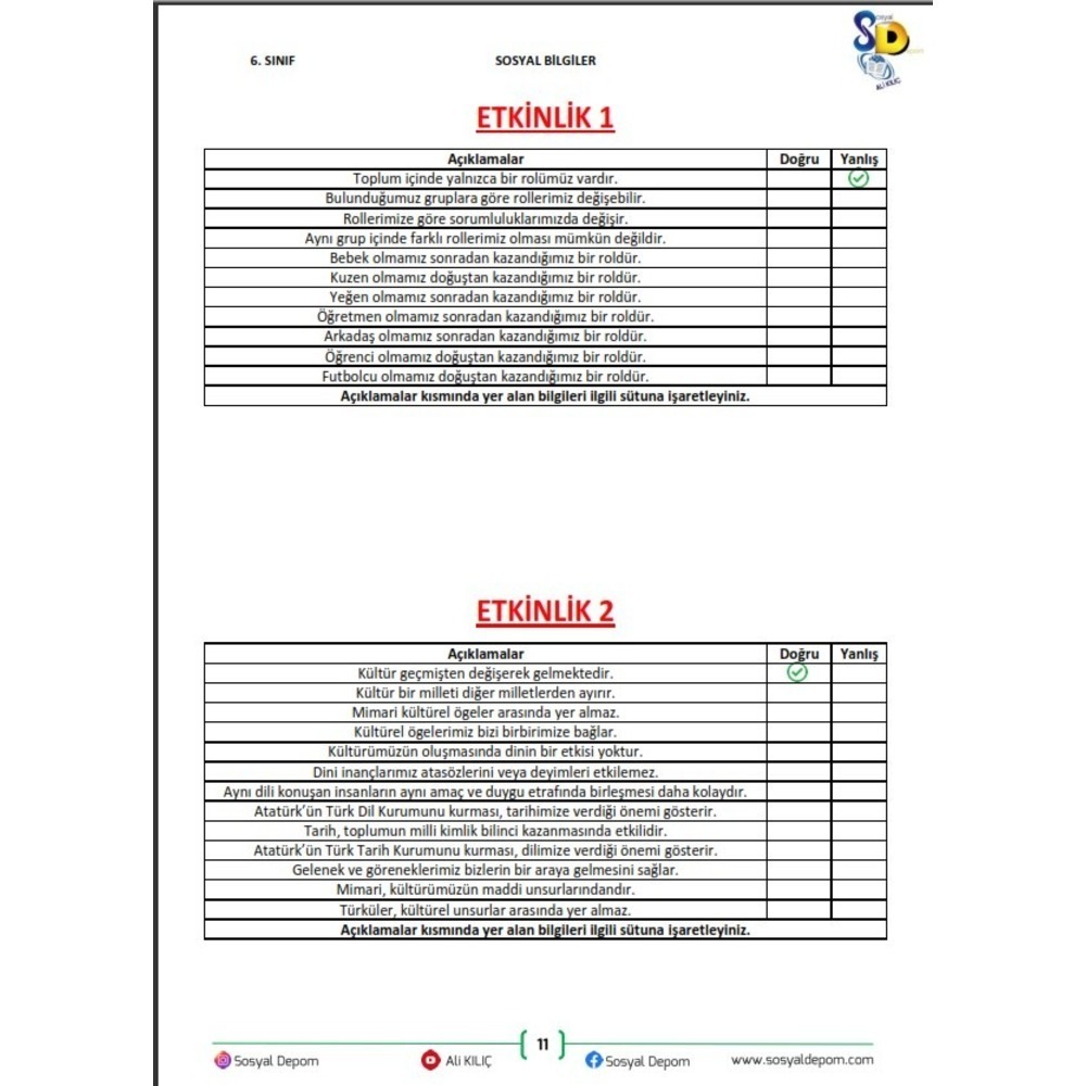 6.Sınıf Sosyal Bilgiler Ders Notu ve 18 Branş Denemesi 312 Soru 41 Etkinlik